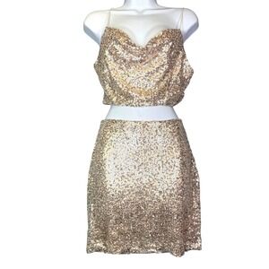 Y2K Champagne Gold Sequin 2 Piece Set Cowl Crop Top Mini Skirt L Neo Deco Rave